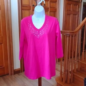 Trilllogy 3/4 sleeve cotton knit top with metallic decoration